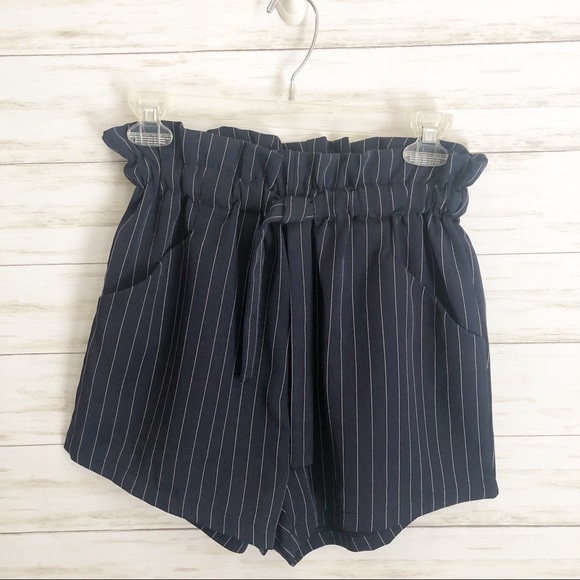 Lily Rain Pants - Lily Rain navy pin stripe shorts with tie in front